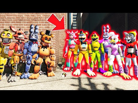 ALL WITHERED ANIMATRONICS Vs ALL GLAMROCK ANIMATRONICS (GTA 5 FNAF Mods)