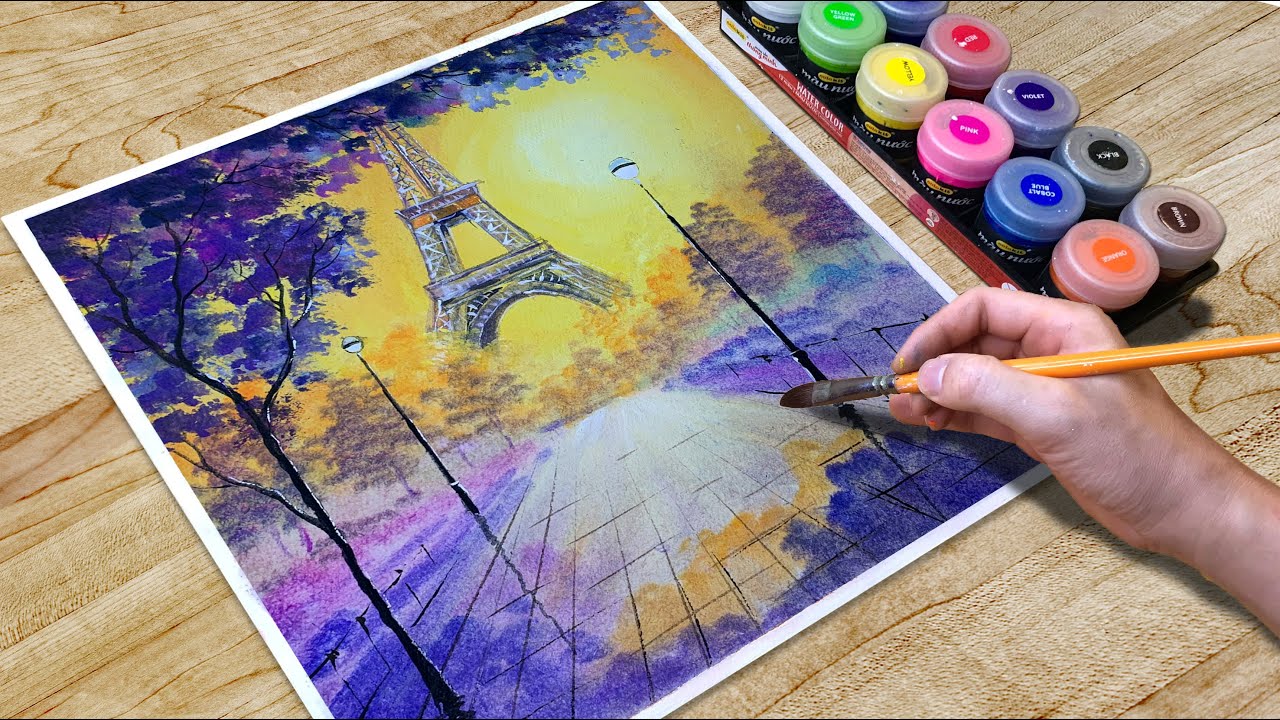 Vẽ Tranh Phong Cảnh Bằng Màu Nước Thiên Long #11/Tranh Phong Cảnh Paris  Tháp Eiffel/ BT Art Drawing - YouTube