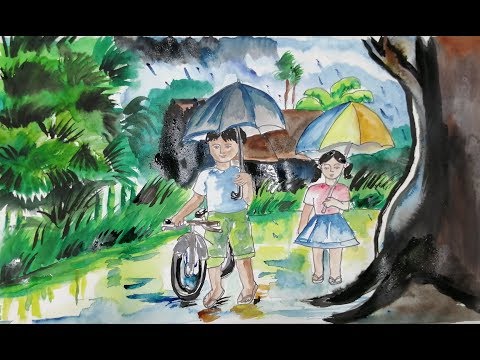 Easy Landscape Drawing With Water Color,/How To Draw Simple Scenery For Kids,/Rainy Day Street Scene