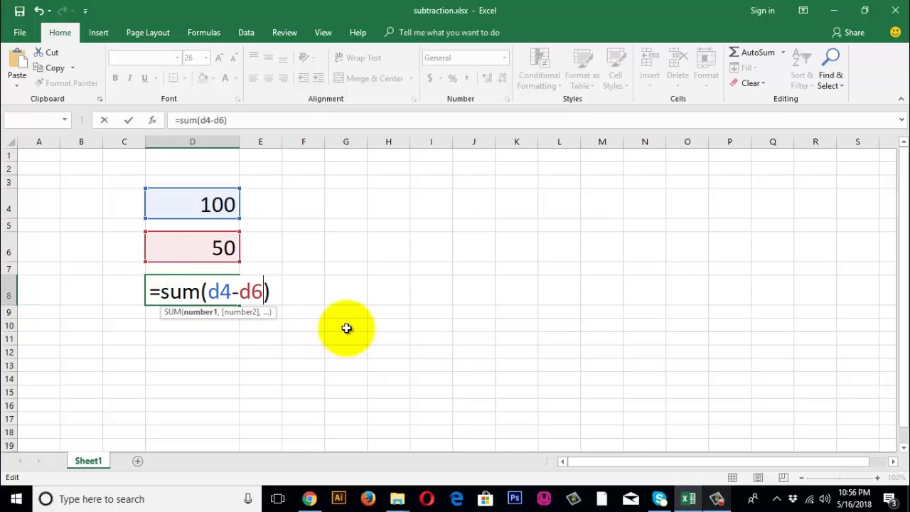 how to insert formula in excel to subtract numbers