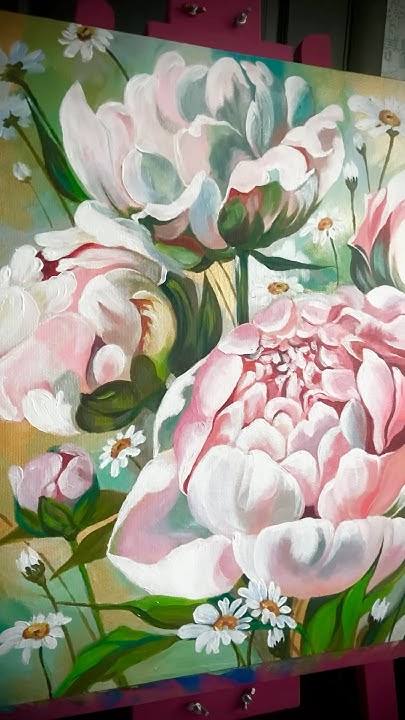 Пионы с ромашками🌸 холст на подрамнике, акрил #art - YouTube