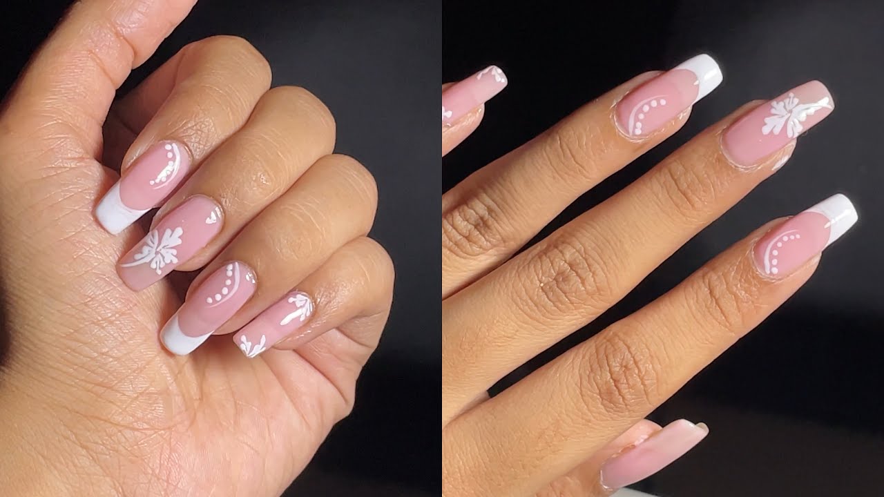 Easy floral nail art with French touch 🤍💗