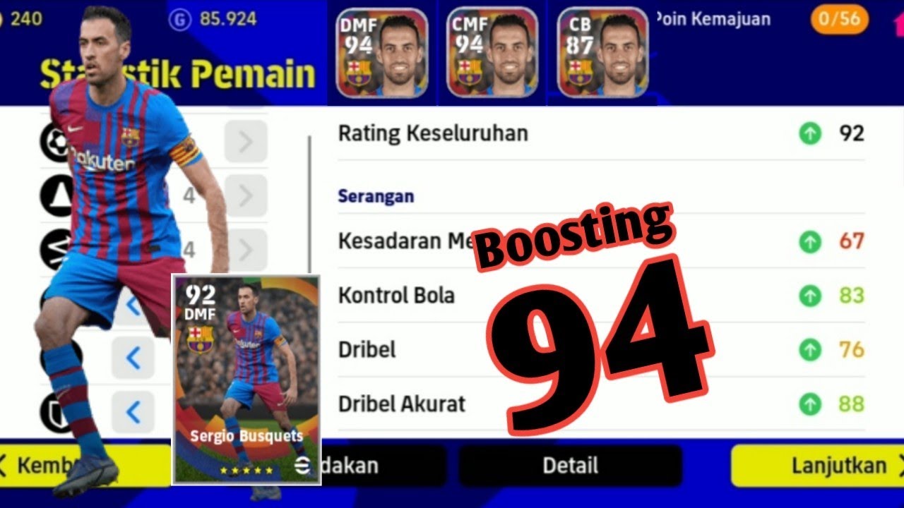 Racikan Sergio Busquets Base Player Max rating 92 Boosting 94