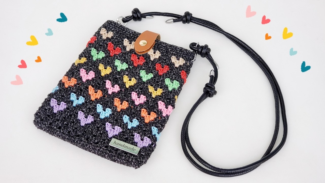 虹のグミと雨粒ドロップのショルダー　大① ハンドメイド Crochet Rainbow Heart Bag Tutorial | Crochet Phone Bag | SpringDay