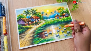 Morning Village Scenery drawing with Oil Pastel- Step by Step screenshot 5