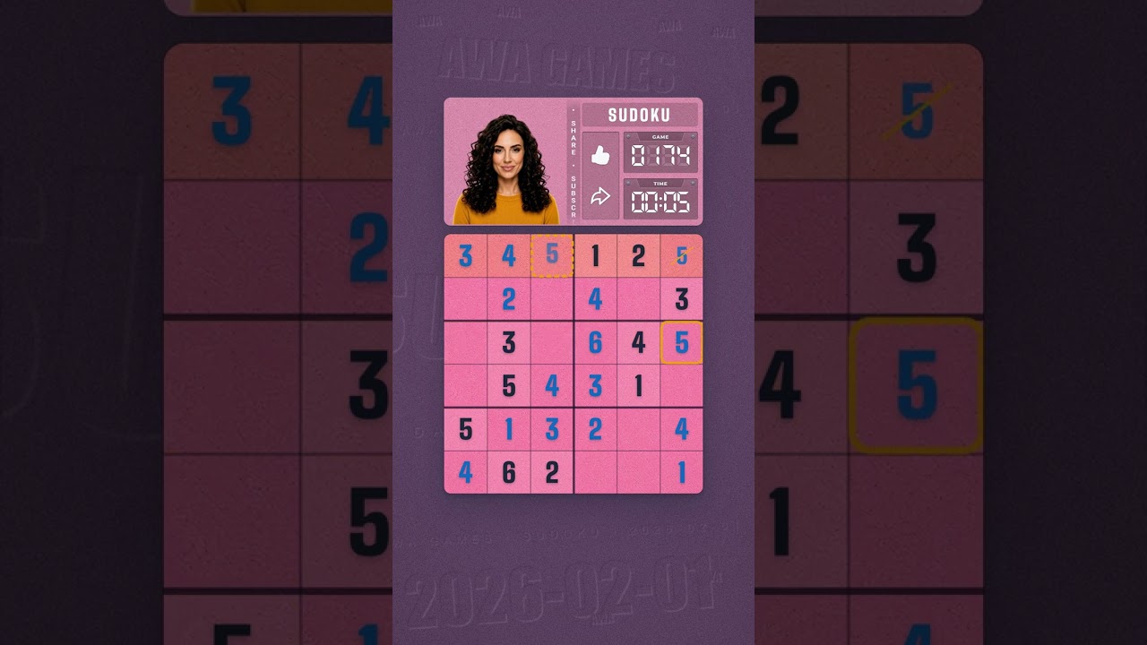 LinkedIn Mini Sudoku #174 solved board for February 1, 2026, 6x6 grid