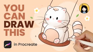 How to Draw Cute Cat on a Swing in Procreate | Easy Tutorial for Beginners | Cute Drawing Ideas