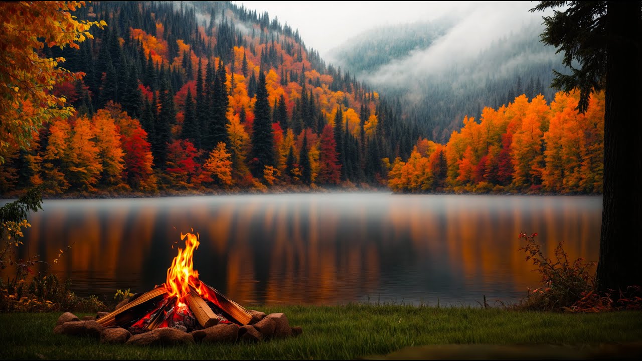 Relax Instantly 🍁🔥 Misty Autumn Campfire by the Lake with Forest Reflections & Cozy Ambience