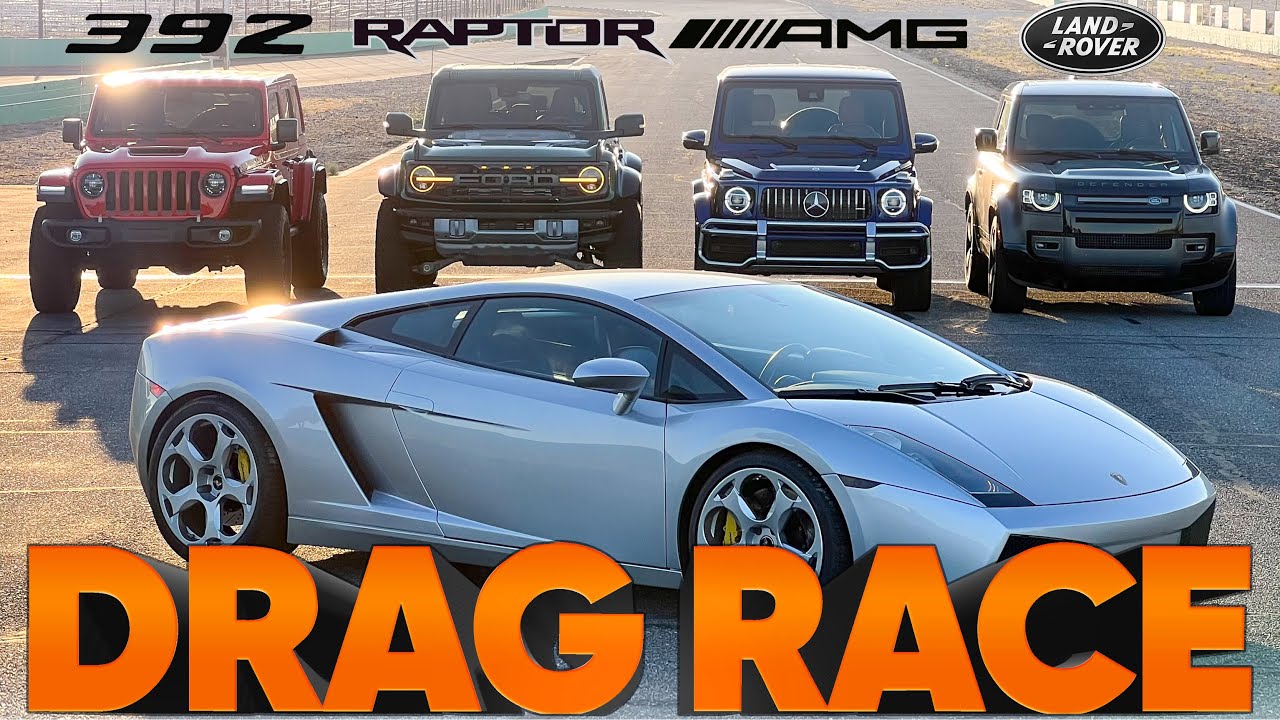 Bronco Raptor vs G63 AMG vs Jeep Wrangler 392 vs Defender V8 vs Gallardo —  Cammisa Drag Race Replay - YouTube