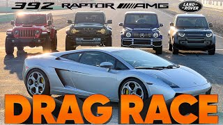 Bronco Raptor vs G63 AMG vs Jeep Wrangler 392 vs Defender V8 vs Gallardo - Cammisa Drag Race Replay