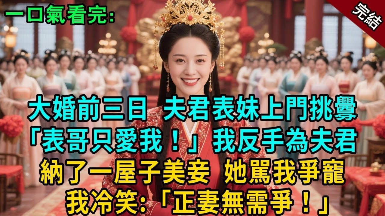完結古言爽文：大婚前三日，夫君表妹上門挑釁：“表哥只愛我一人！”我反手爲夫君納了一屋子美妾，她氣急敗壞駡我爭寵，我冷笑：正妻無需爭寵！#小説 #原創 #有聲小說 #古風 #爽文 #大女主 #逆襲