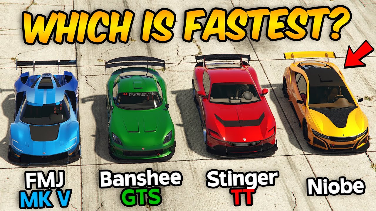 GTA 5 ONLINE - FMJ MK V VS BANSHEE GTS VS STINGER TT VS NIOBE (WHICH IS FASTEST?)