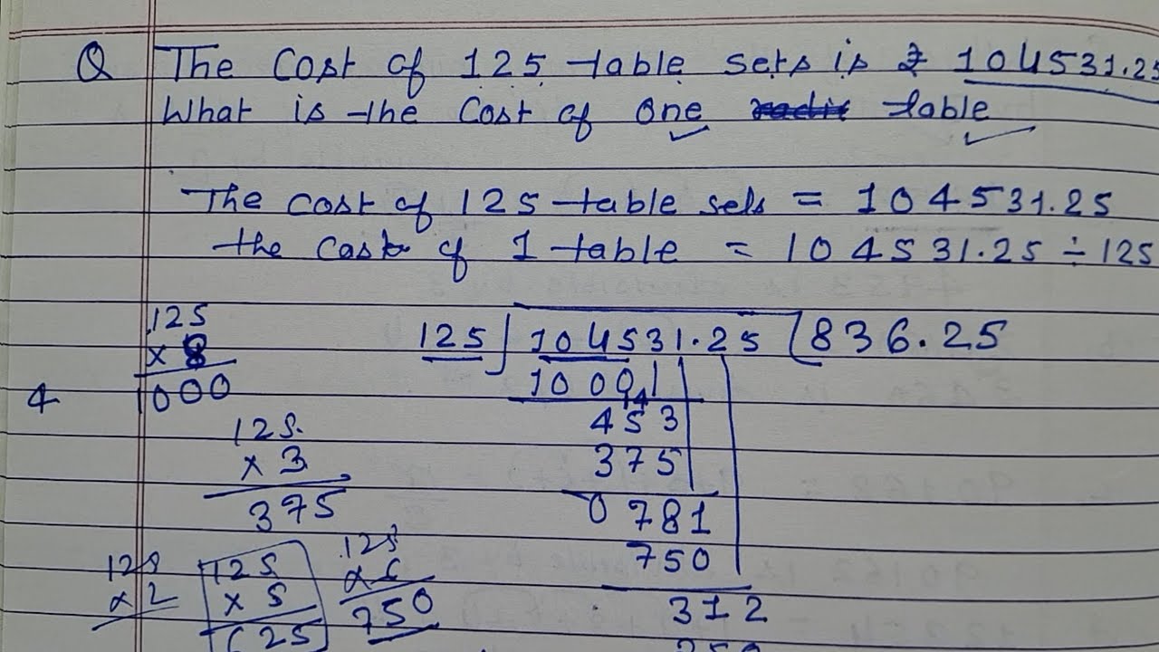 The cost of 125 table sets is ₹ 104531.25. What is the cost of one ...