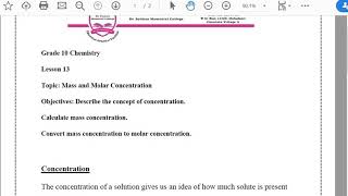 Grade 10 chemistry lesson 13 molar concentration
