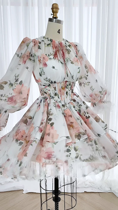 Corset long sleeves floral print chiffon mini tiered dress #dress #gown #fashion #promdress #sewing