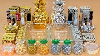 ASMR Slime 💛🤍 Mixing ”GOLD vs SILVER” makeup, Eyeshadow, glitter into slime. Satisfying slime video.