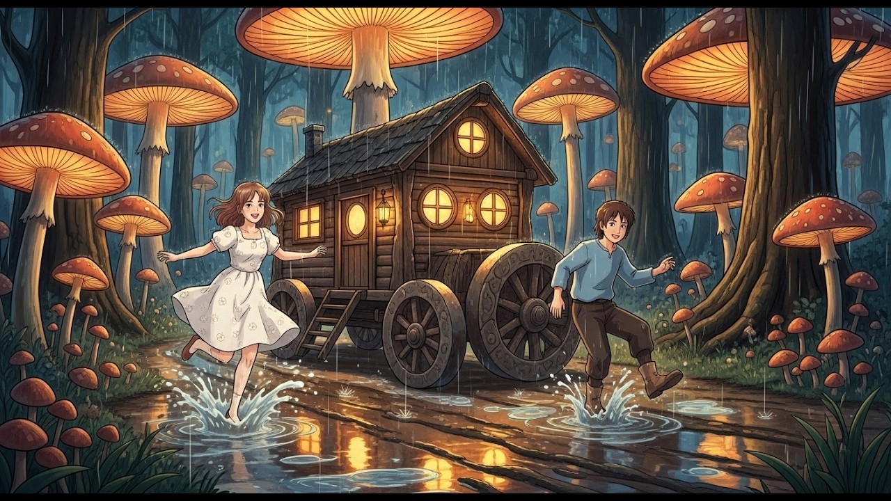 Tiny Stone-Wheeled Cabin Rolling Through a Glowing Mushroom Forest Cozy Rain ASMR | Ghibli–Style