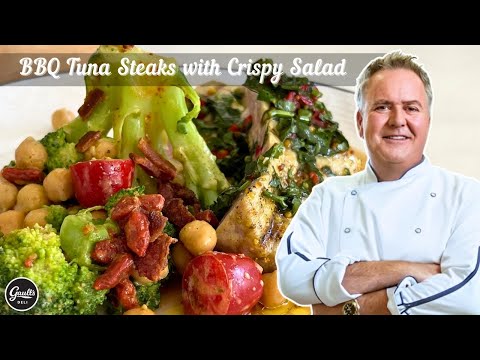 BBQ Tuna Steaks with Moroccan Broccoli and Crispy Bacon Salad