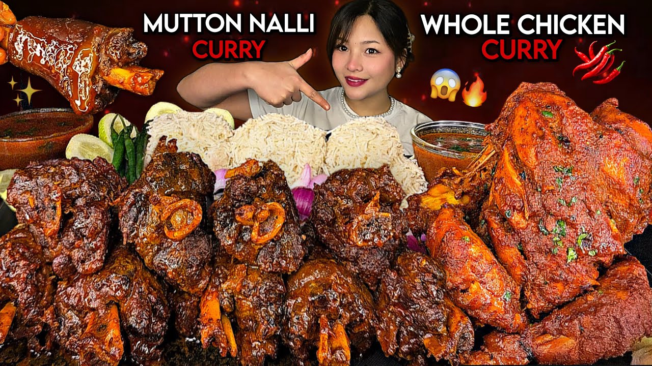 1KG SPICY MUTTON NALLI CURRY🔥😱1KG WHOLE CHICKEN CURRY🐓🌶️WITH BASMATI RICE | NEPALI MUKBANG |