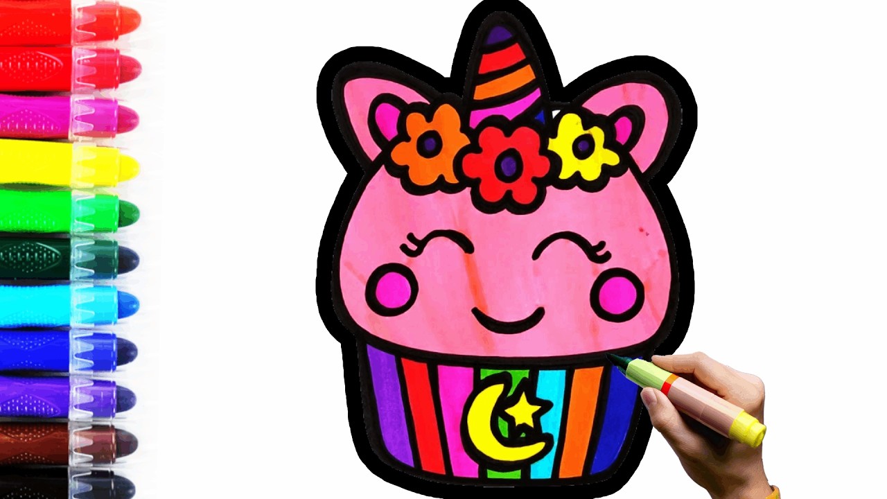 RAINBOW MINI CAKE DRAWING | Unicorn Rainbow Cupcake | unicorn horn cake painting | flowers mini cake