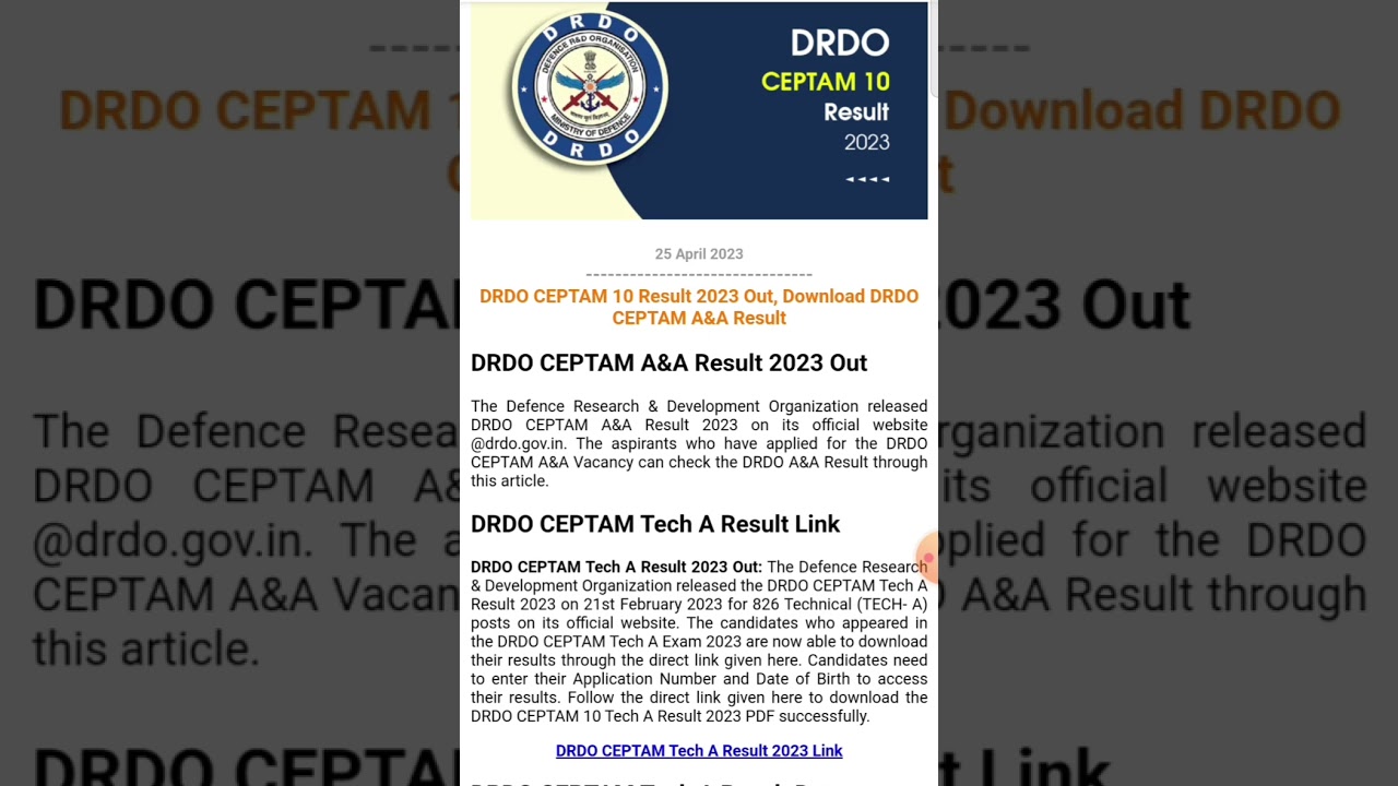 DRDO CEPTAM 10 Result 2023 Out | DRDO Result declared | 