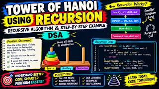 Lecture 39 Tower of Hanoi Using Recursion | Recursive Algorithm & Step-by-Step Example | Stack | DSA