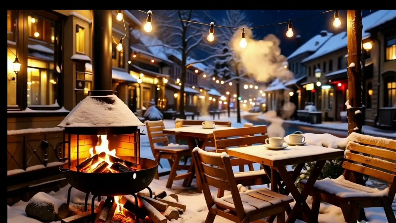 Cozy Outdoor Winter Café Jazz ☕ Fireplace & Snowfall for Relax, Study & Sleep