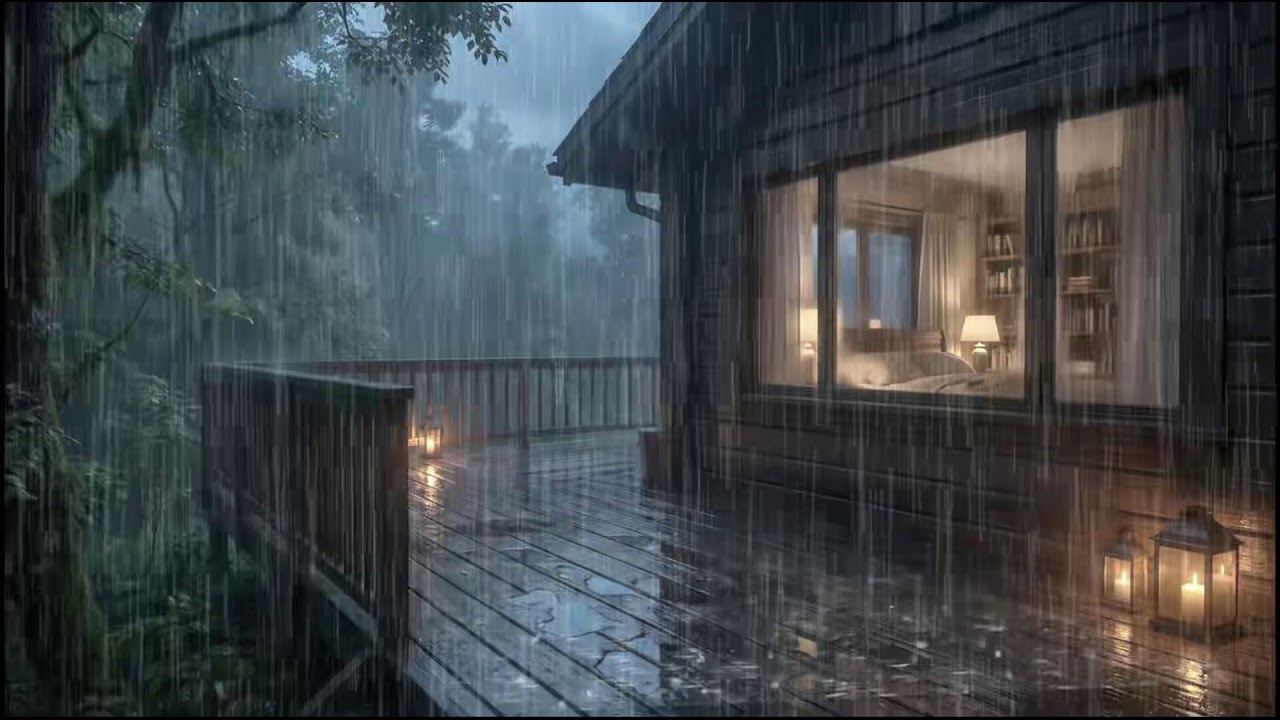 Soft rain by a cozy forest cabin, midnight rain soundscape guiding sleep ease and insomnia comfort