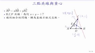 (LA15-20131210-06) 三點共線、重心(用直線方程式來解線性組合)