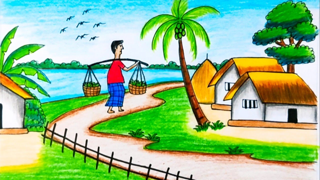 How to draw a beautiful village scenery step by step// landscape ...