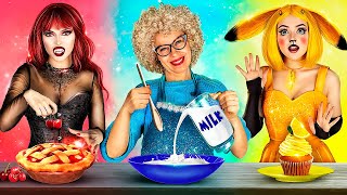 Grandma Vs Pikachu Vs Vampire Cooking Challenge Color Food Challenge Kitchen Hacks 