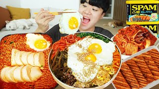 ASMR MUKBANG | อาหารเกาหลีที่บ้าน, บะหมี่เผ็ด, ชีสสแปม, กิมจิ, สูตรอาหาร