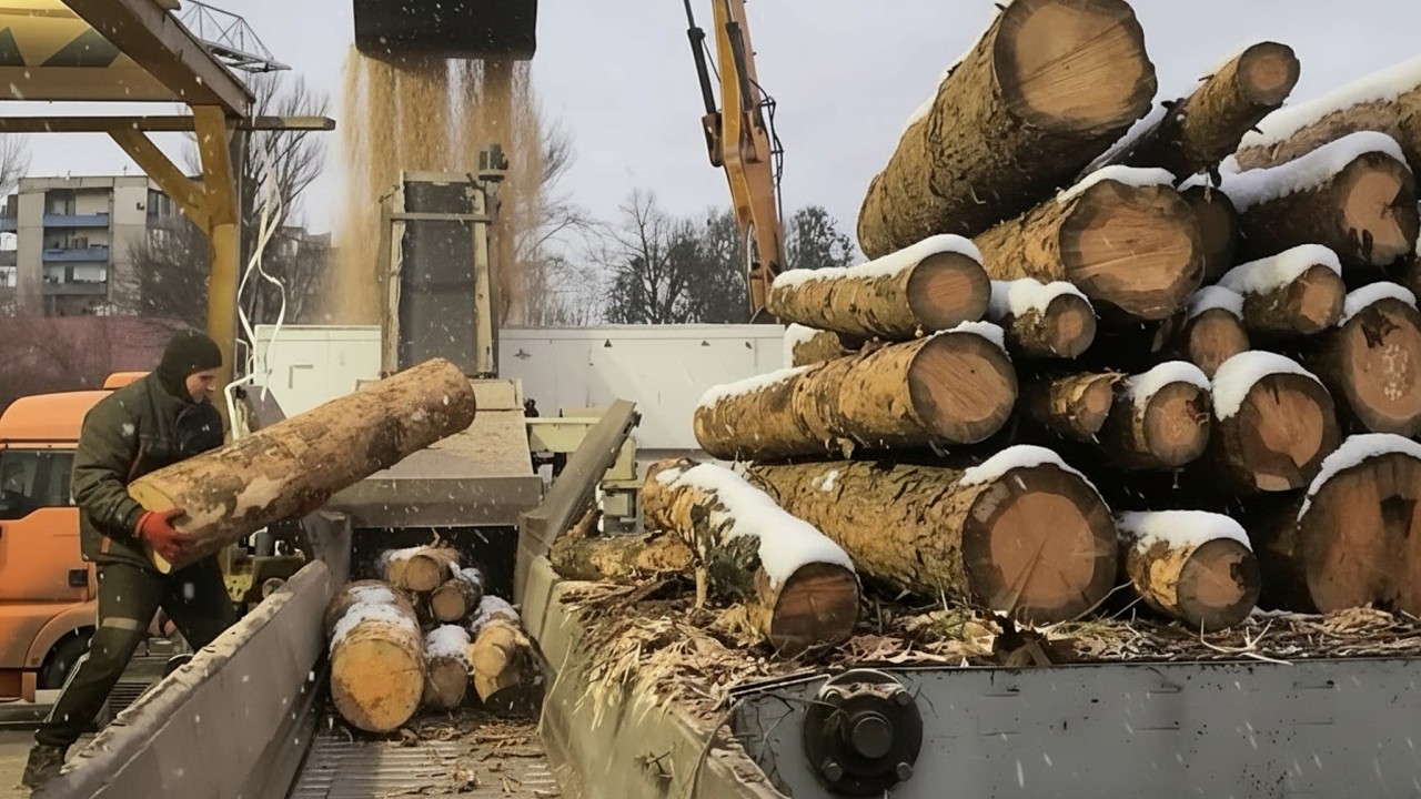 EXTREME WINTER CHAOS — Frozen Logs in Wood Chips Production.