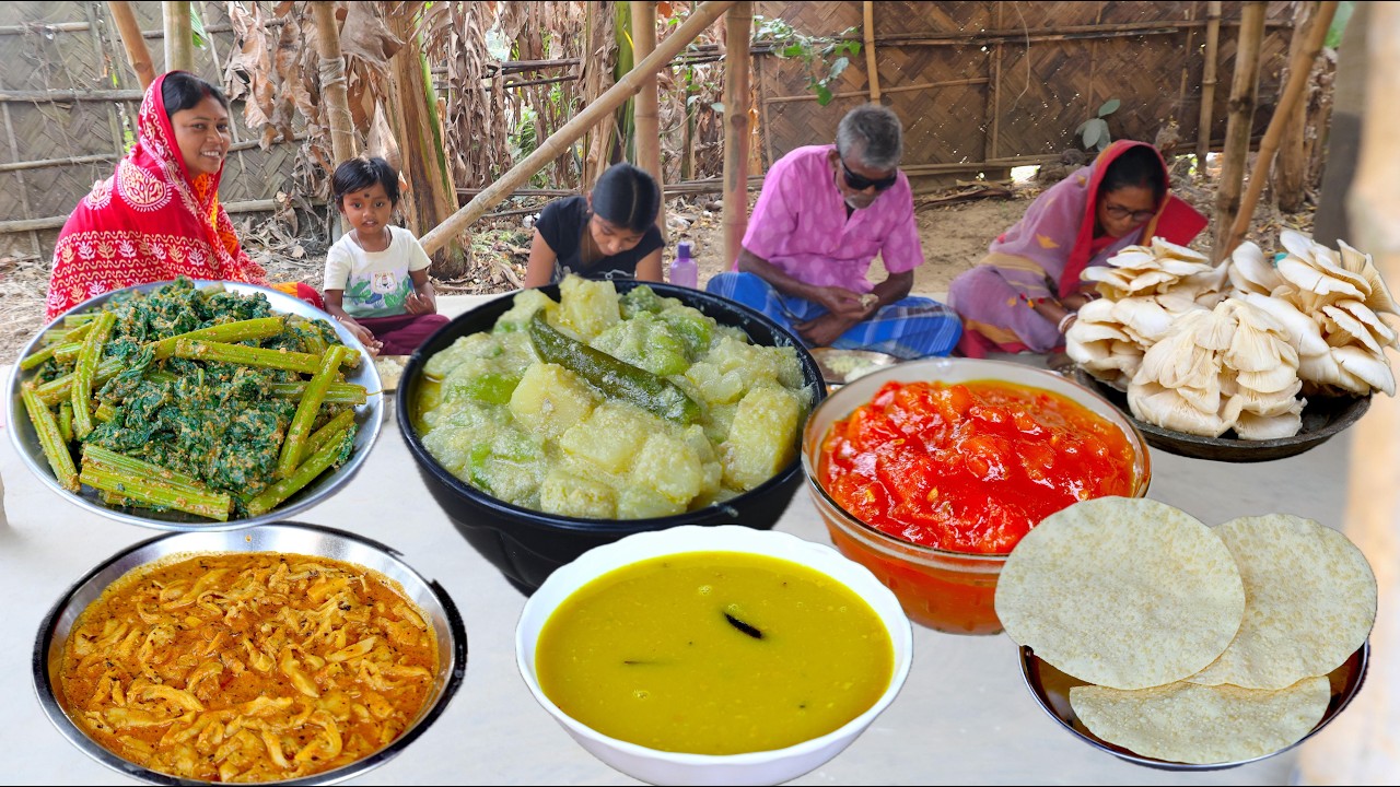 বাবামার জন্য নিরামিষ থালি - লাউশাক মাখা, বিউলির ডাল, ঝিঙে আলু পোস্ত, মাশরুমের ঝাল, চাটনি, পাপড়