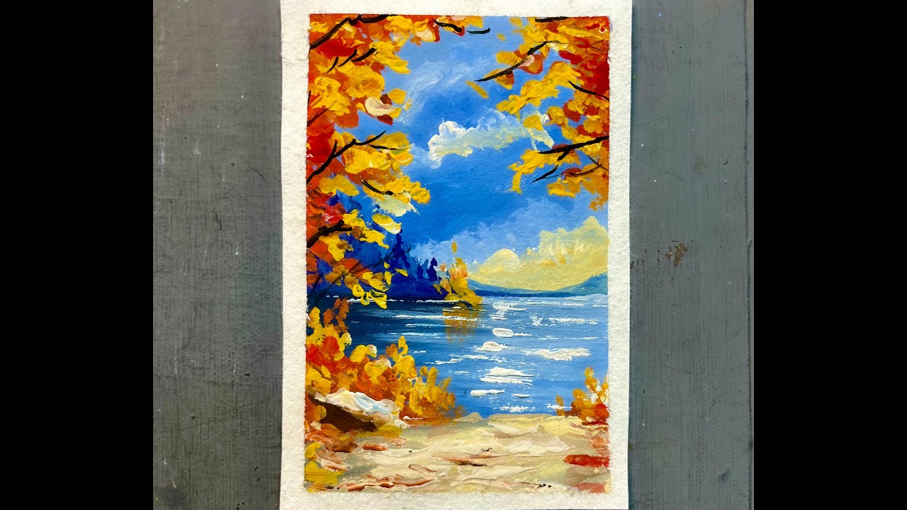 Autumn Leaves Lake Painting | Easy Gouache Painting for Beginners