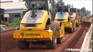 Heavy road construction equipment machine building road សកម្មភាពធ្វើផ្លូវនៅកម្ពុជា