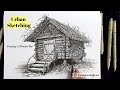 Pen  ink urban sketching series  drawing a wooden hut in the forest