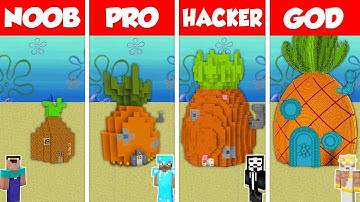 Minecraft Battle: NOOB vs PRO vs HACKER vs GOD: SPONGEBOB HOUSE BASE BUILD CHALLENGE / Animation