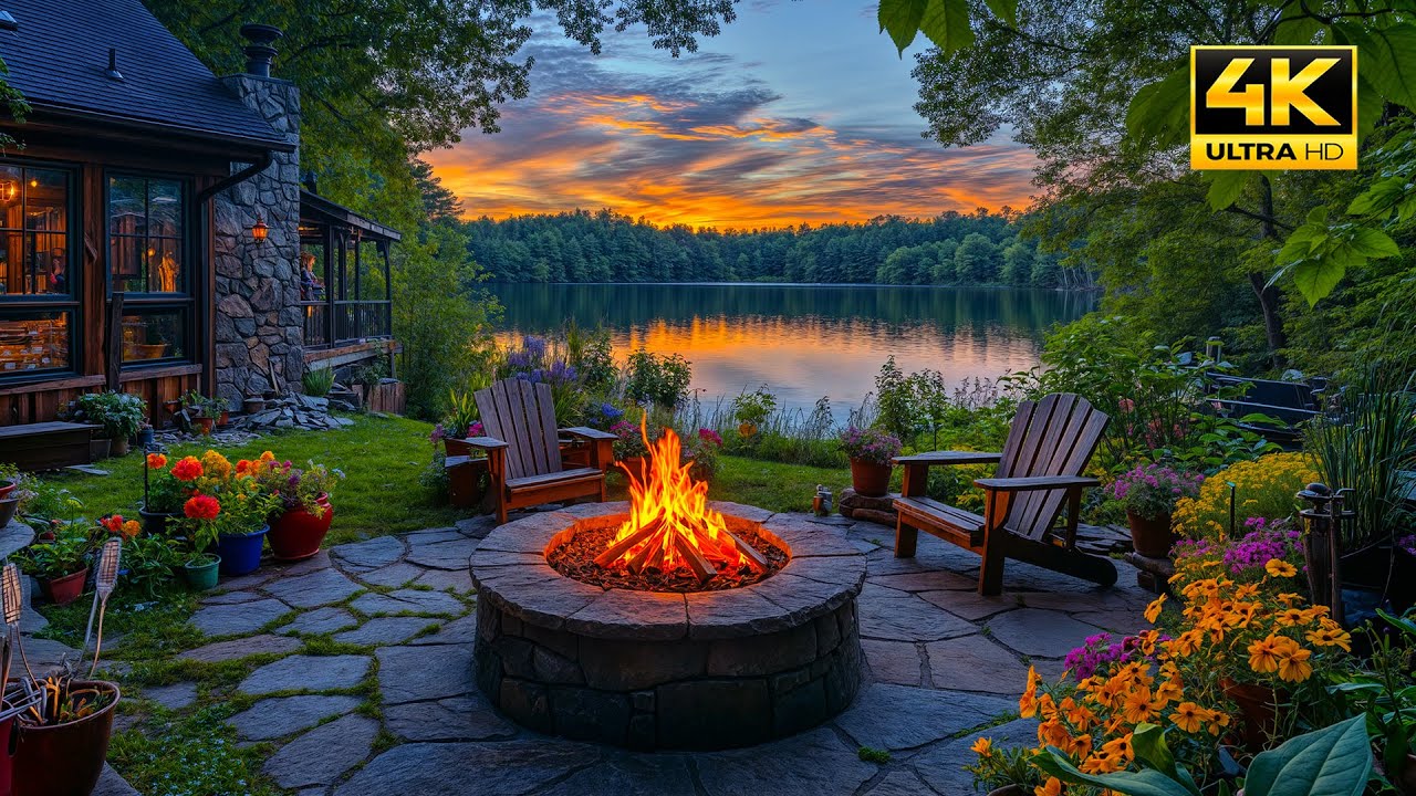 Evening Crackling Fire Pit by the Lake | Relaxing Nature Escape with Sunset View for Relax, Sleeping