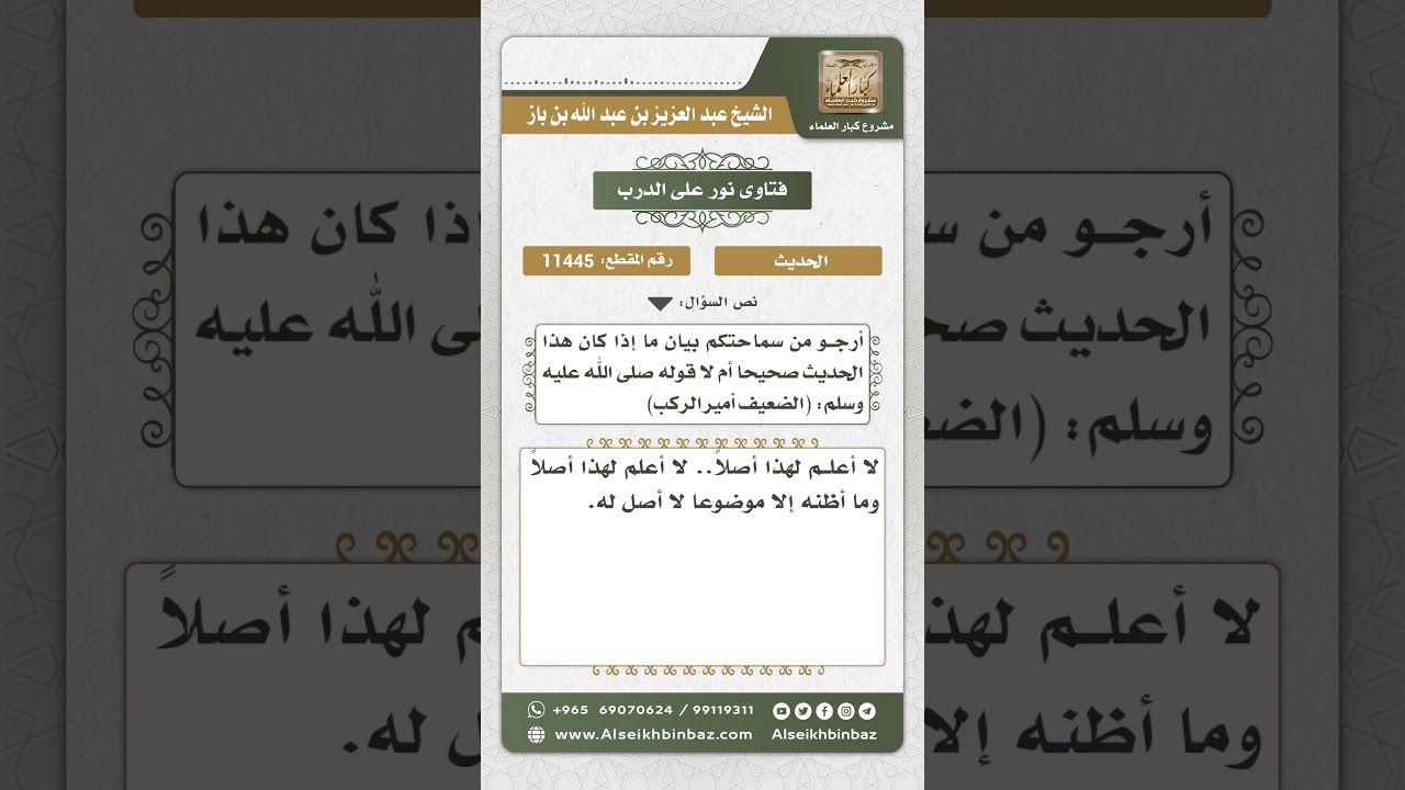 11445 - حكم حديث (الضعيف أمير الركب)  -  نور على الدرب