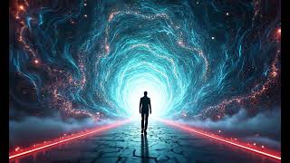 Download Lagu Alone figure walks toward a glowing swirling portal in a futuristic cosmic tunnel with neon lights MP3