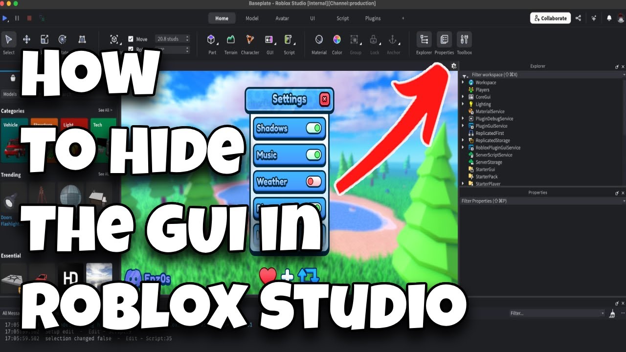 Как скрыть графический интерфейс в Roblox Studio