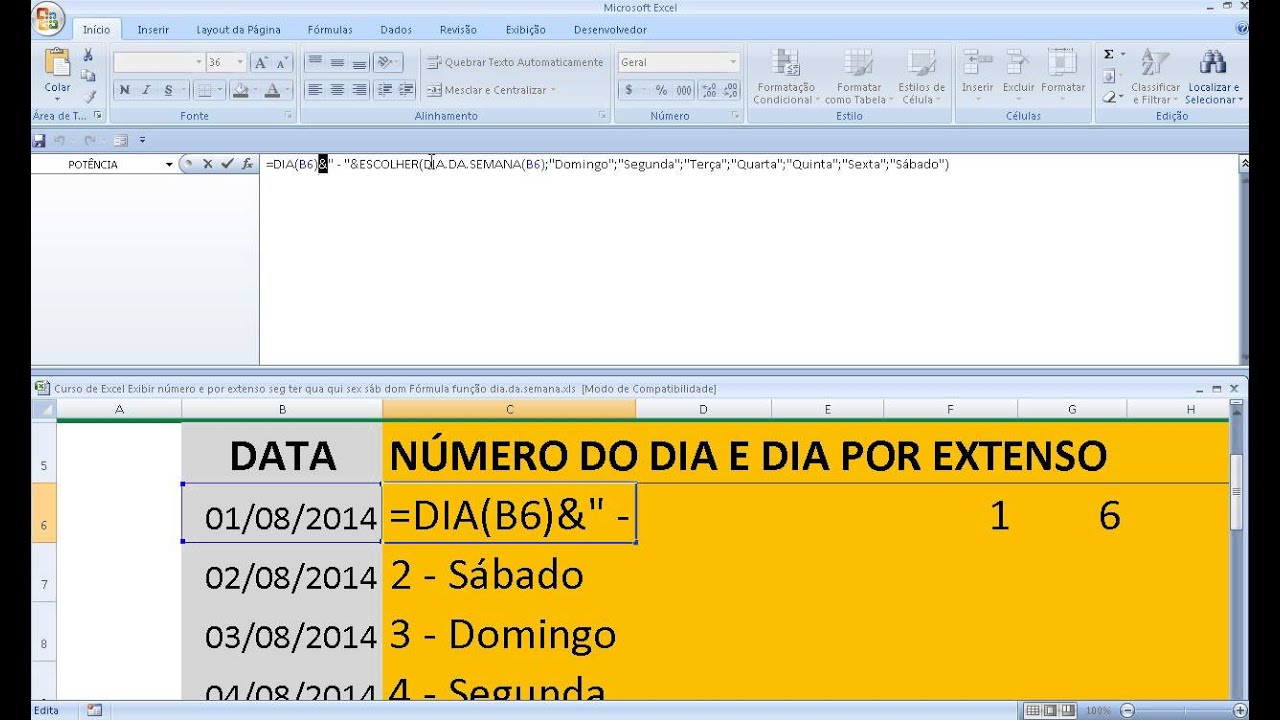 Formula Excel Dia Da Semana Segunda Terça