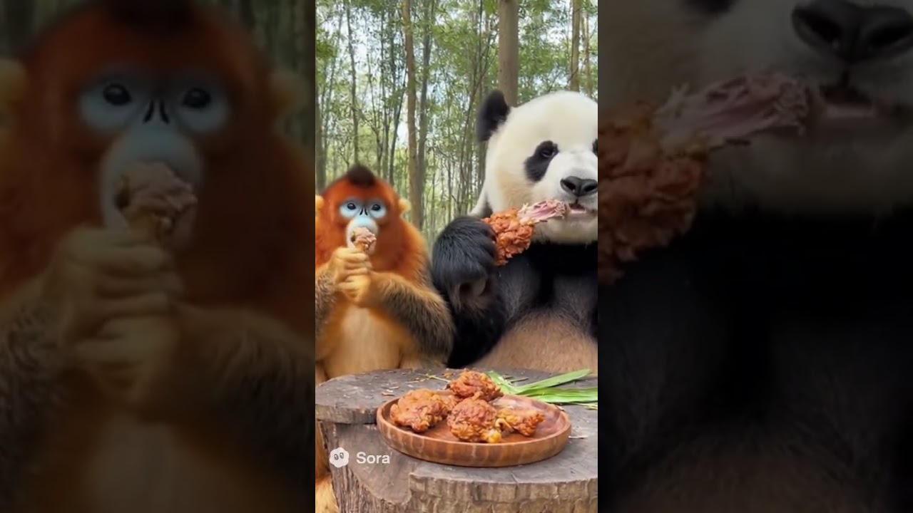 Monkey and Panda Eating Chicken