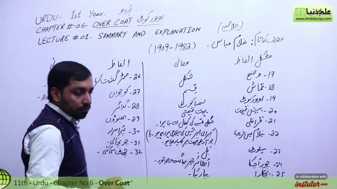 First Year Urdu,Chapter 6,lec 1,Summary & Explanation-Over Coat-11th class Urdu