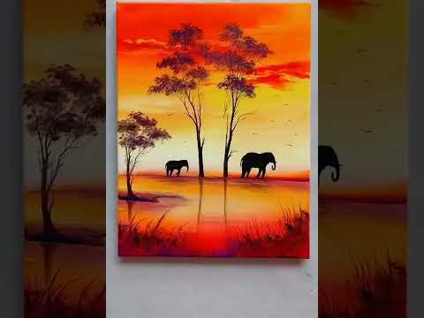 Pintura de paisagem ao por do sol.