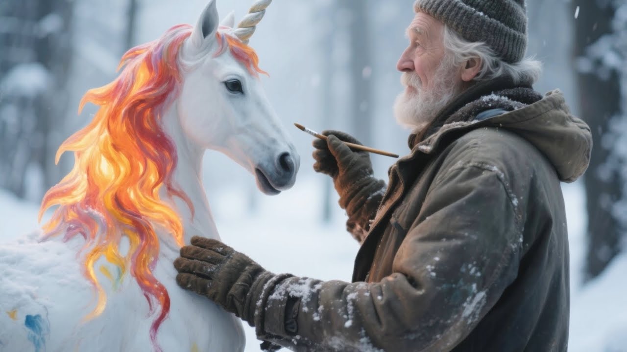 The old man and his dog used dry branches and snow to make a fire unicorn 