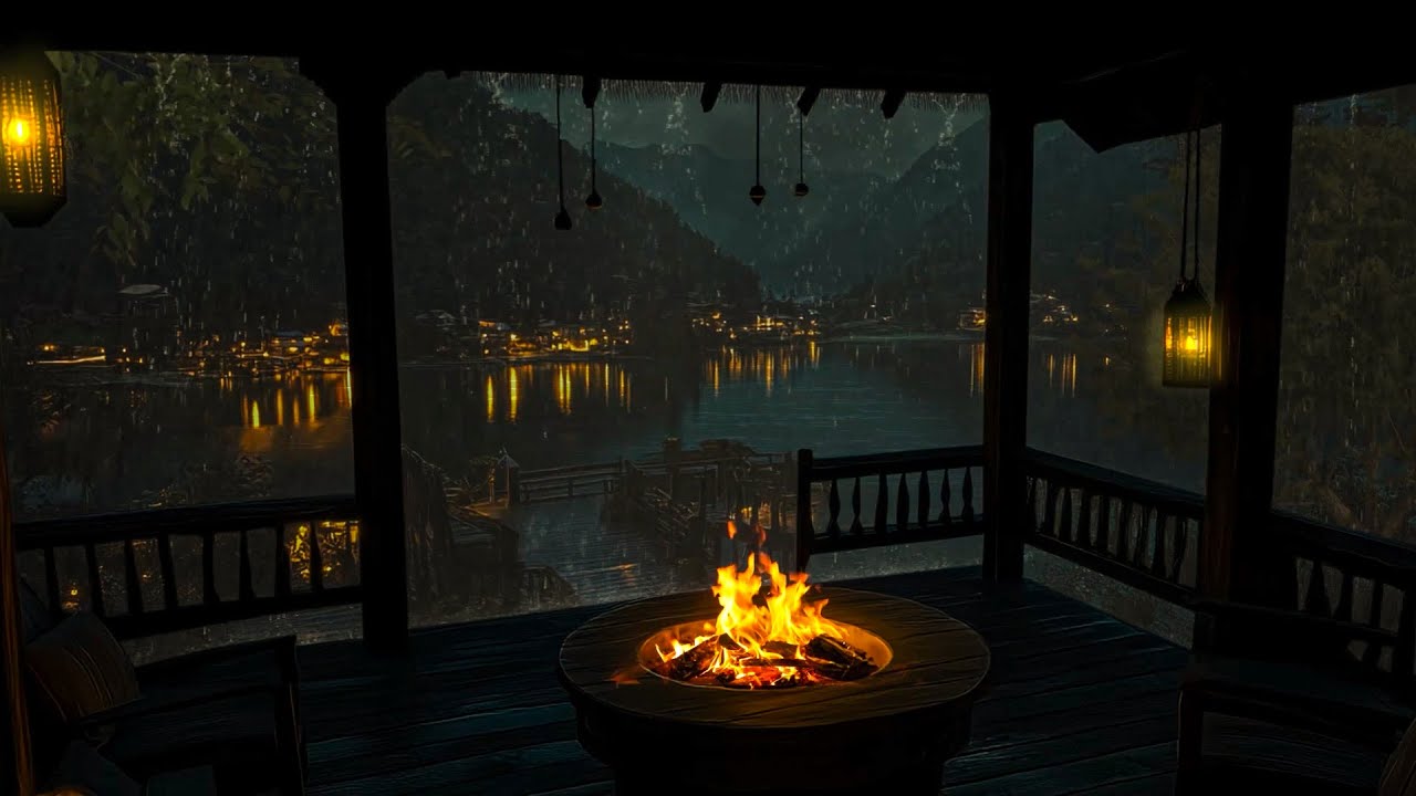 Peaceful Wooden Cabin on a Rainy Lake • Old Town Night View • Fireplace Sounds for Deep Sleep