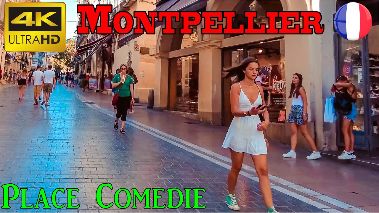 Монпелье, Франция, Place Comedie — 4k UHD 60fps — пешеходная экскурсия — с субтитрами