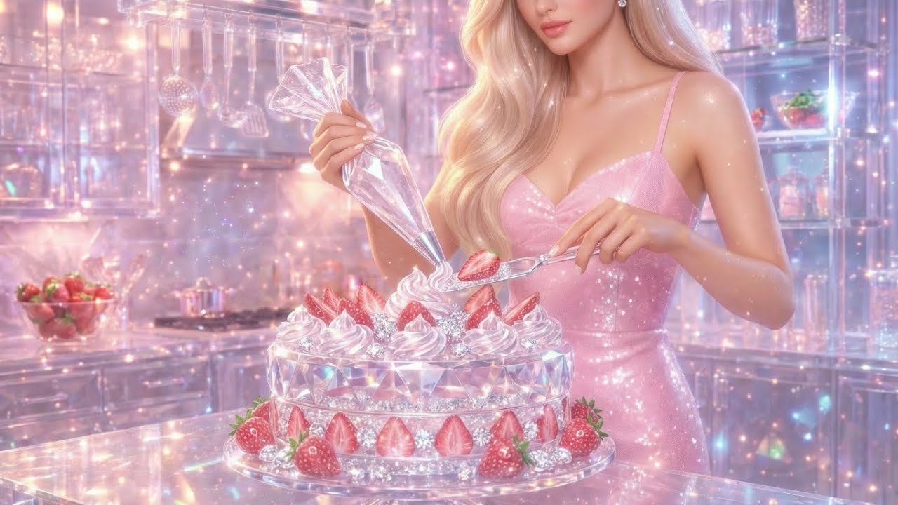 Barbie cooking ASMR ! Glass Strawberry cake cooking ASMR ! 